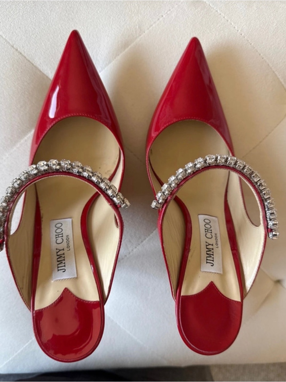 Jimmy Choo Red Patent Pointed Toe Crystal-Strap Mules - Picture 4 of 11